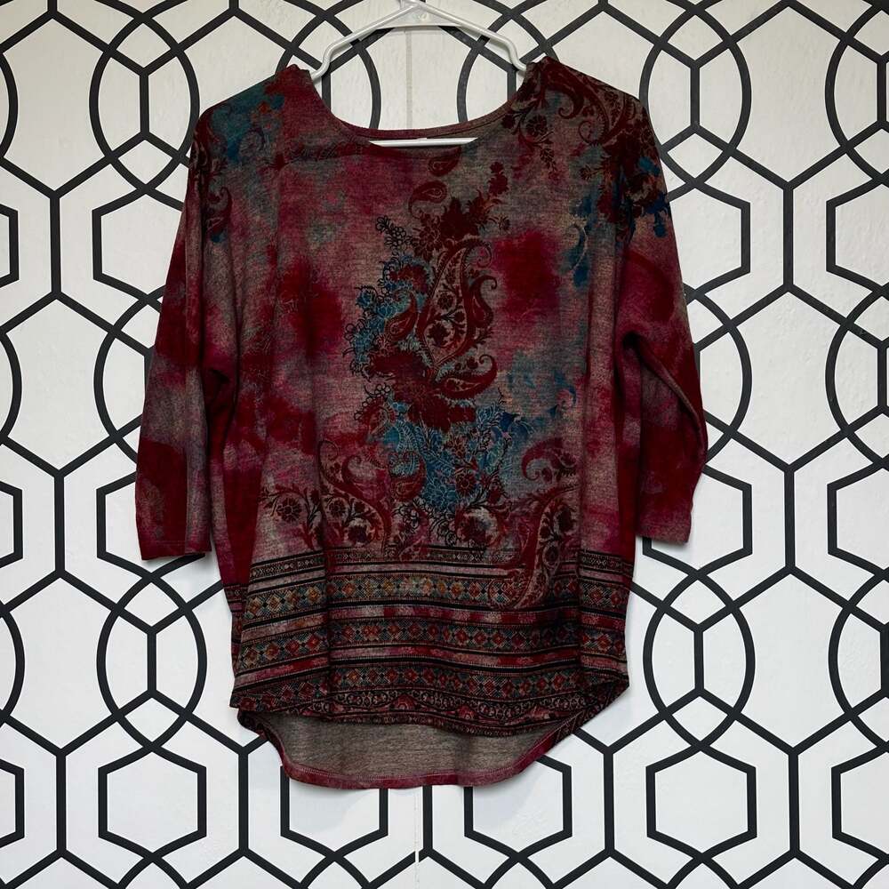 Women's Paisley Print 3/4 Sleeve High-Low Top Red Multi Size Medium